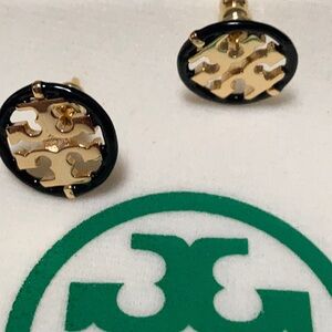 Tory Burch Gold and Black Logo Earrings